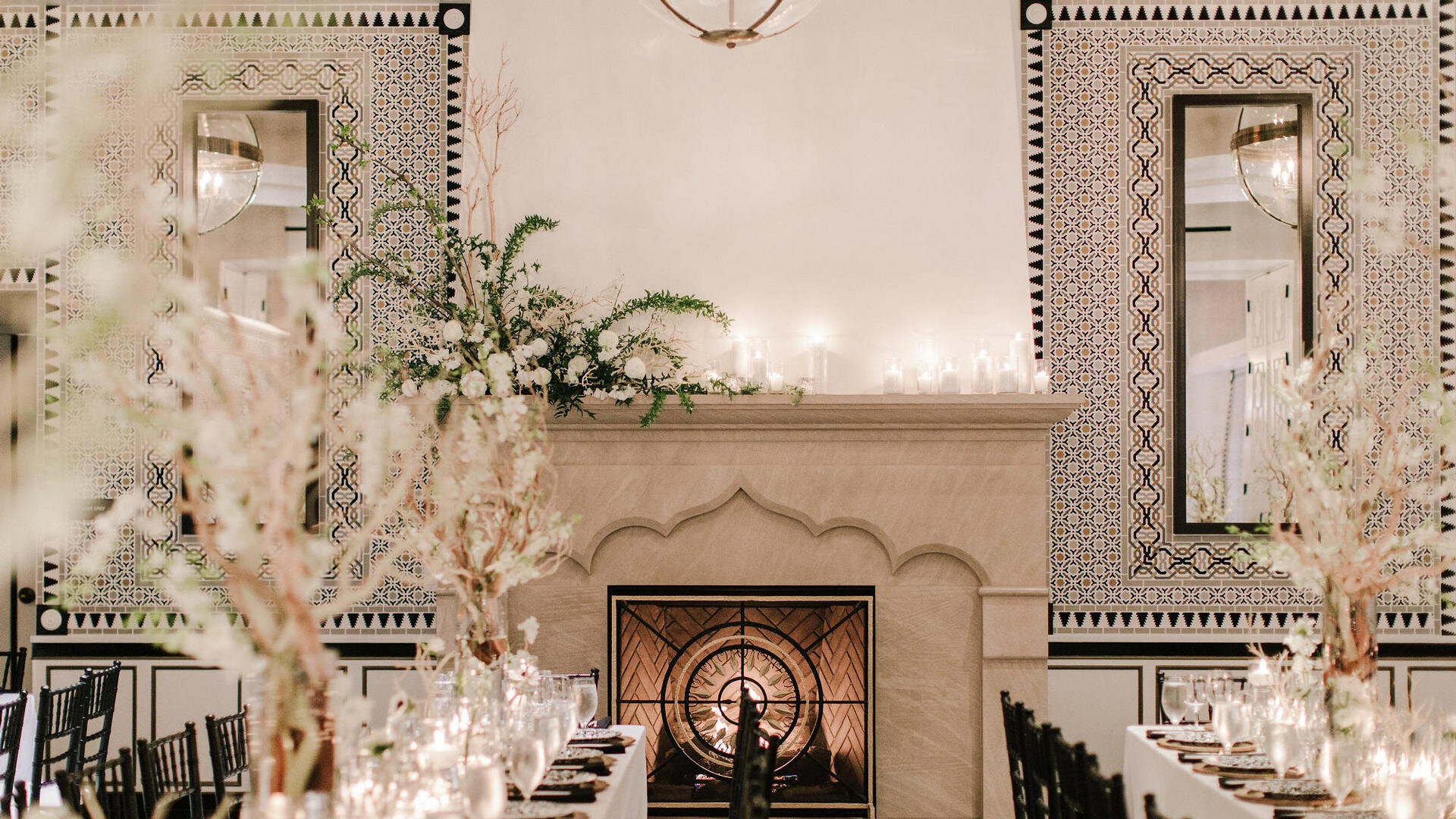 banquet tables and fireplace